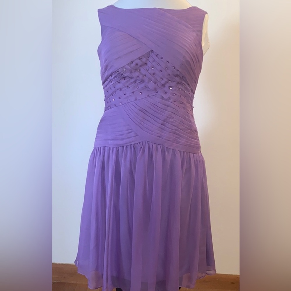 Hyacinth Purple Dress Chiffon Boat Neck V Back Pleated beadedCustom Made Size 14